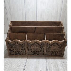 Vtg 70s LERNER Carved Faux Wood Letter Holder Mail Organizer Storage Caddy Desk